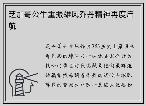 芝加哥公牛重振雄风乔丹精神再度启航